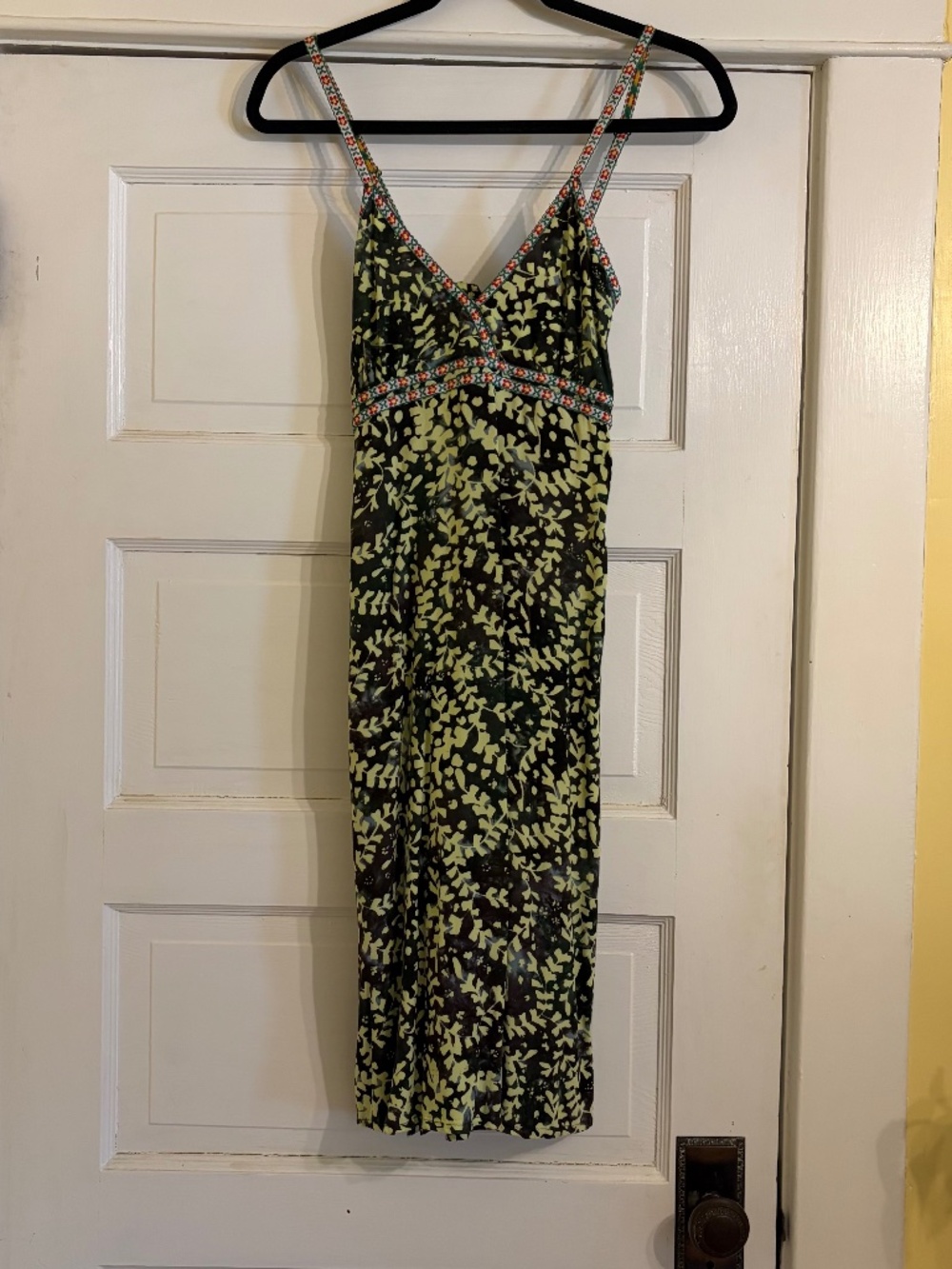 Vintage Women's Green Batik Stretchy Midi Sundress Boho Summer Breezy One Size